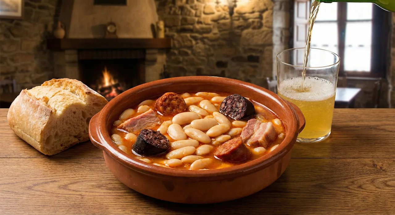 A clay dish of fabada asturiana bean stew with bread and a glass of cider