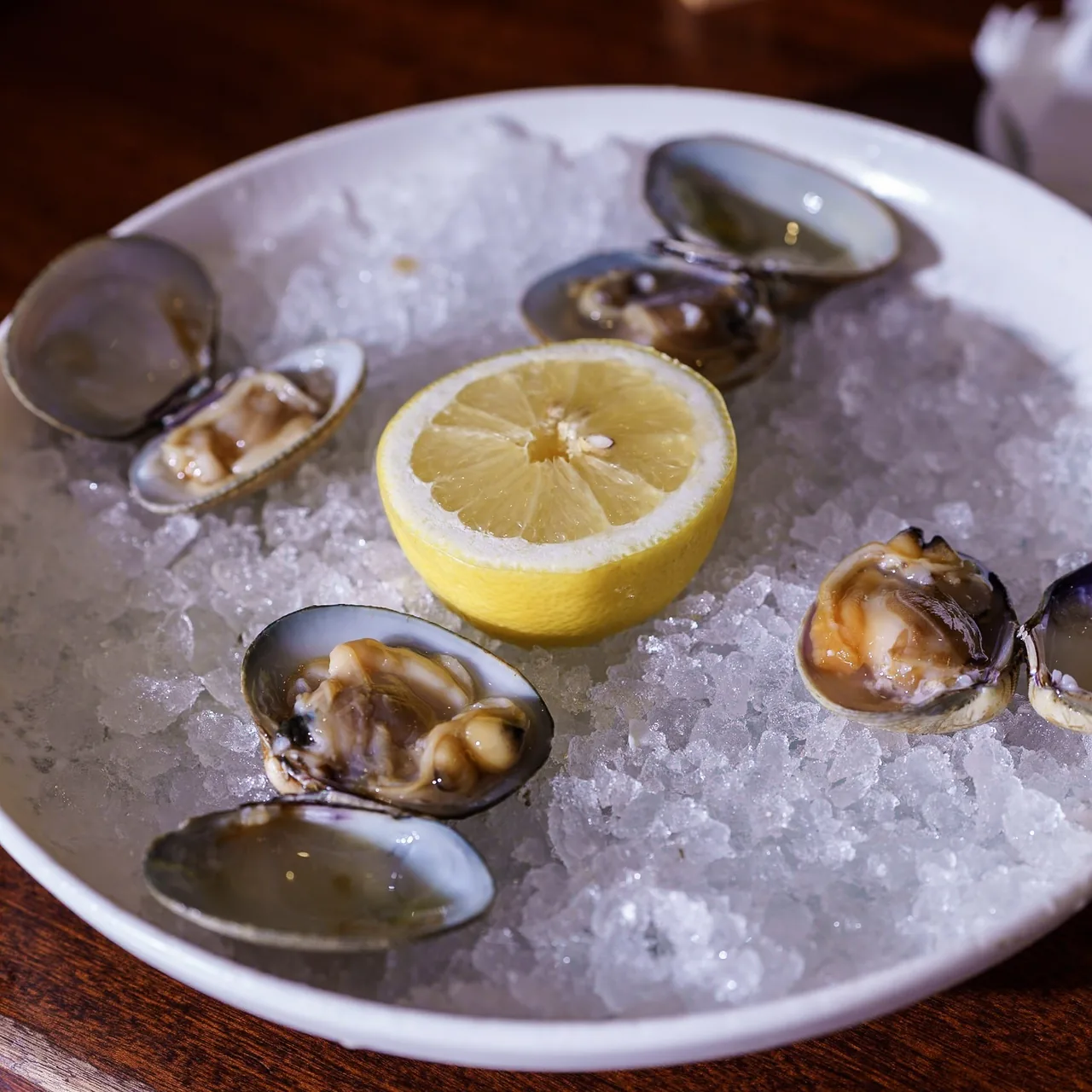 Clams on ice with a halved lemon on a white plate