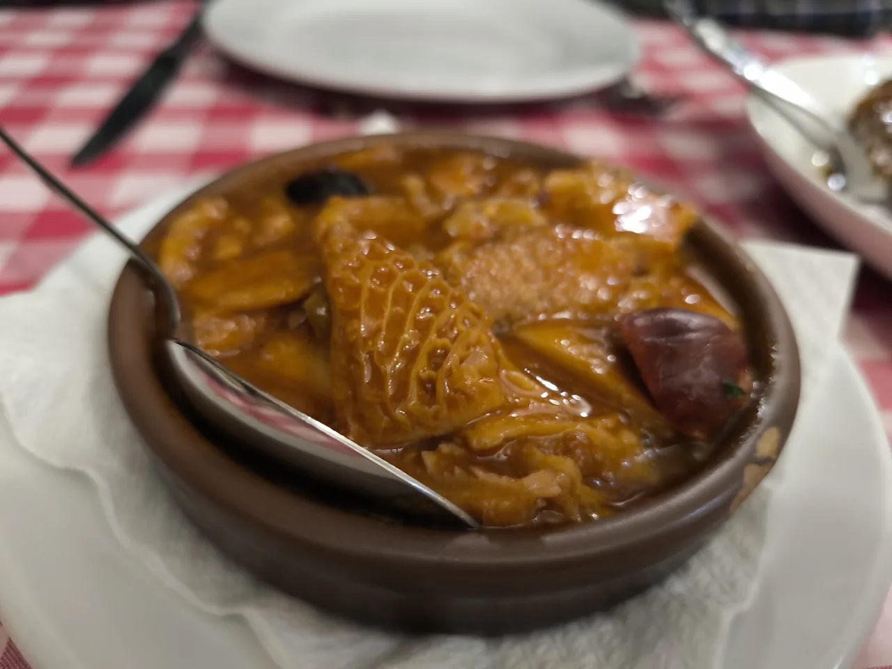 Close view of an earthenware dish of tripe stew with a spoon resting in it, on a red gingham tablecloth