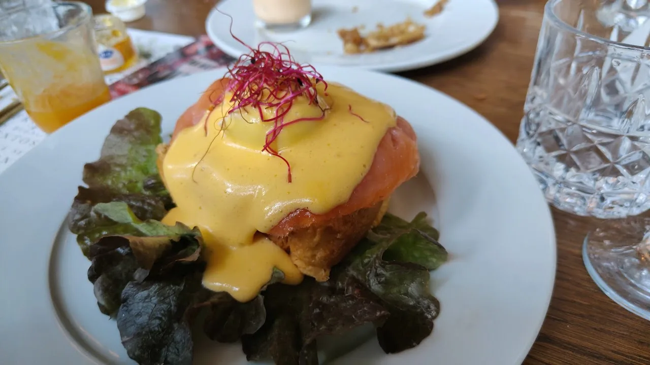 Eggs Benedict with salmon on a bed of greens, drizzled with hollandaise sauce
