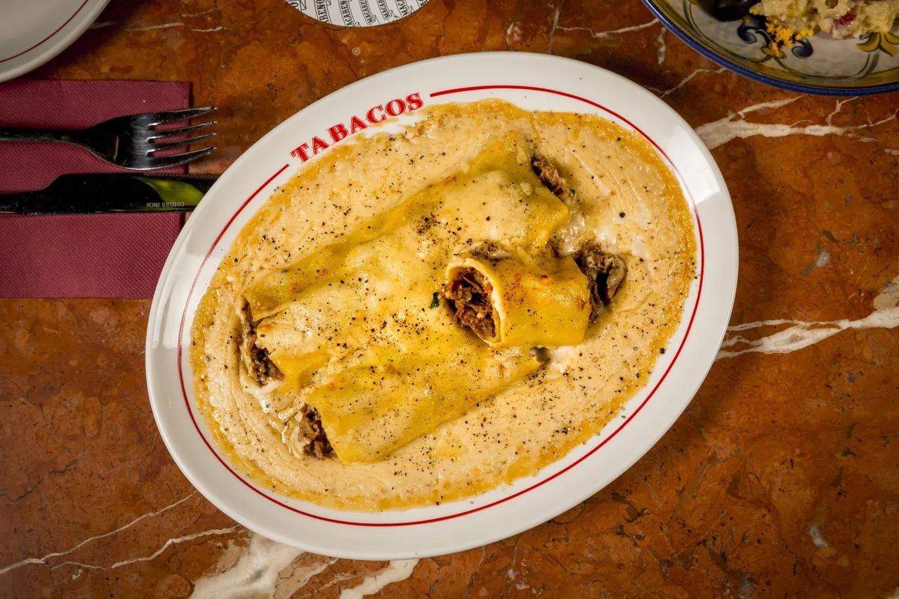 Two filled pasta rolls in a creamy sauce on an oval plate on a red marble table