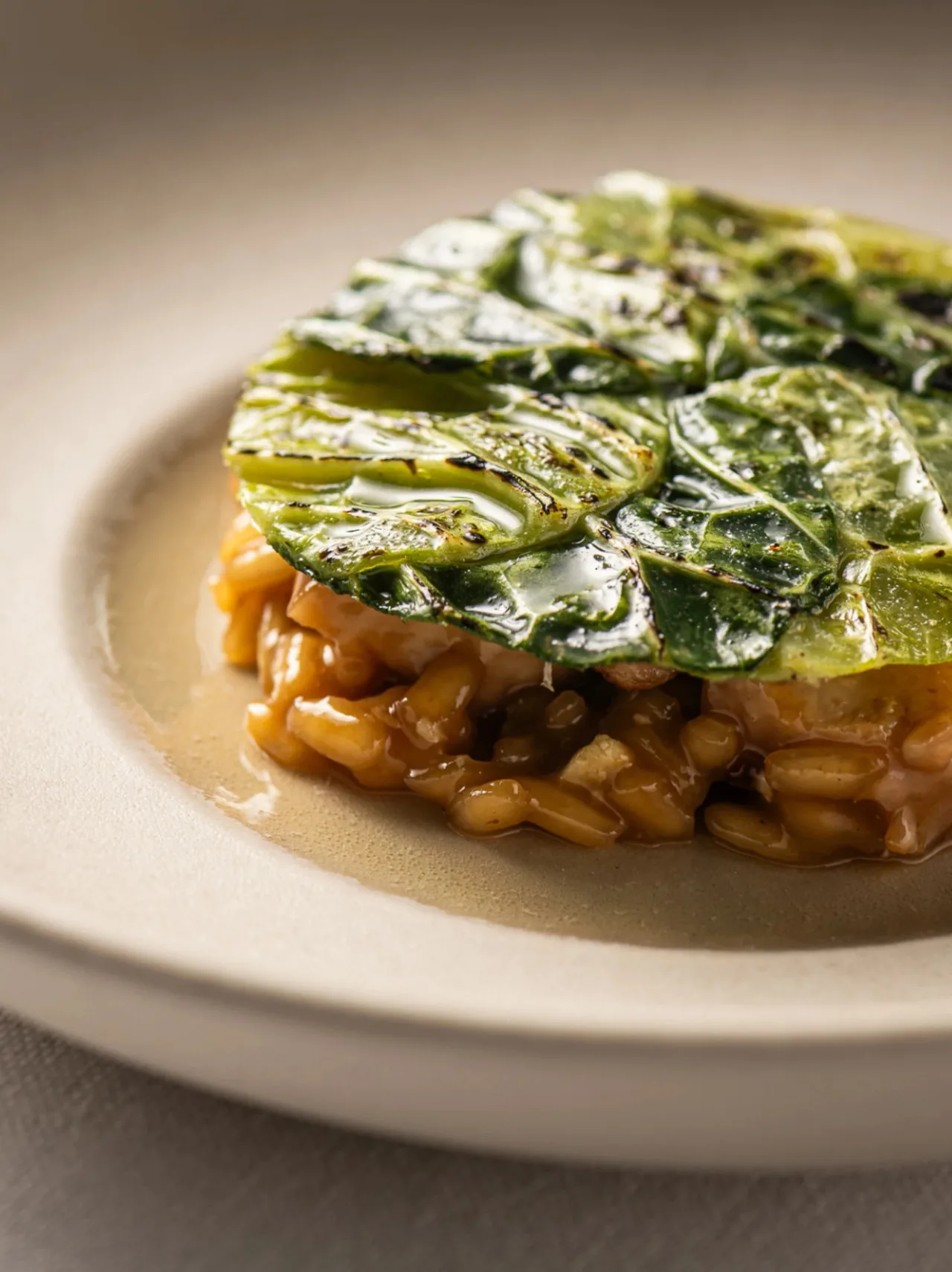A round stack of rice topped with green leaves on a wide cream plate