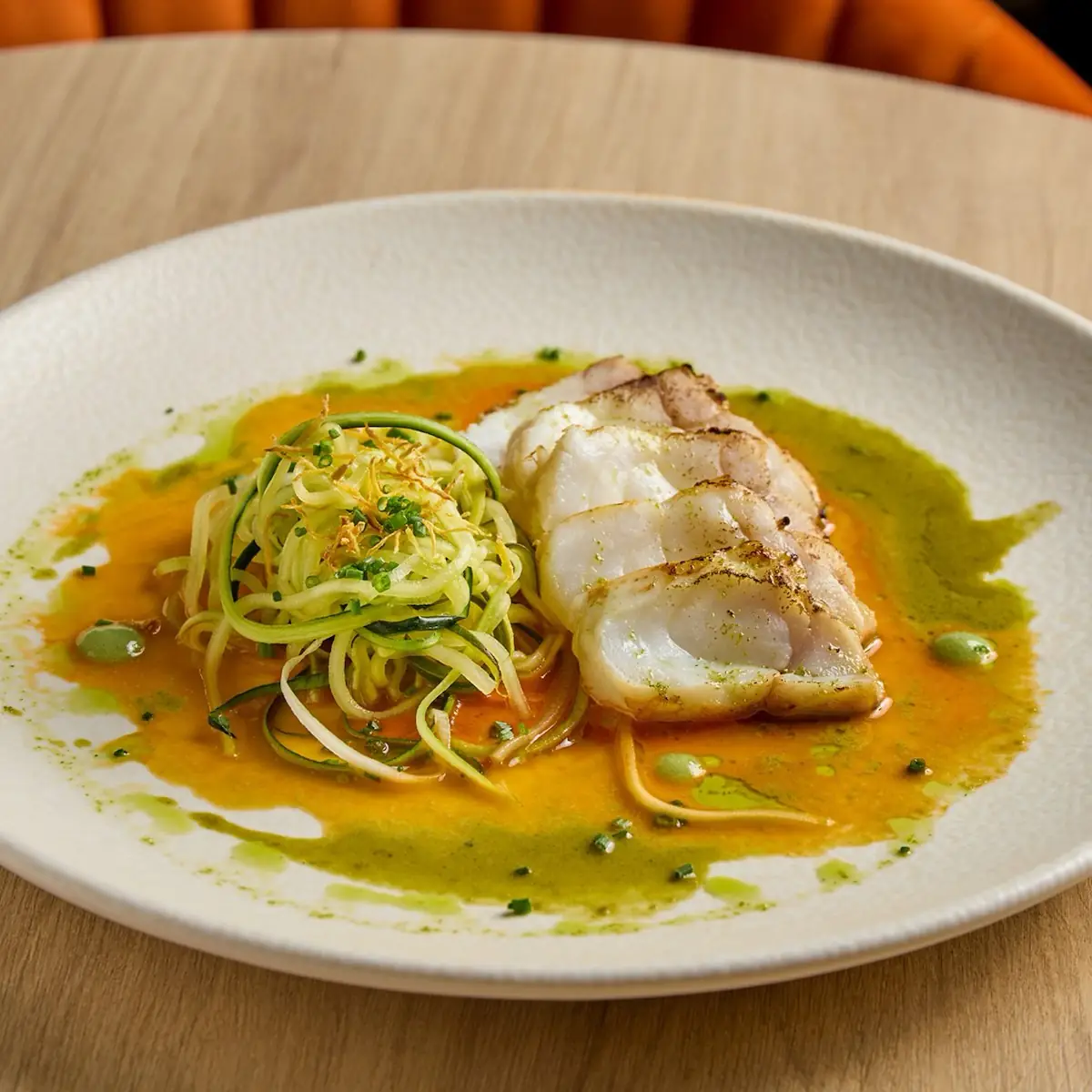 Pan-seared monkfish fillet sliced and plated with spiralized zucchini, orange carrot sauce and green herb oil at CentOnze