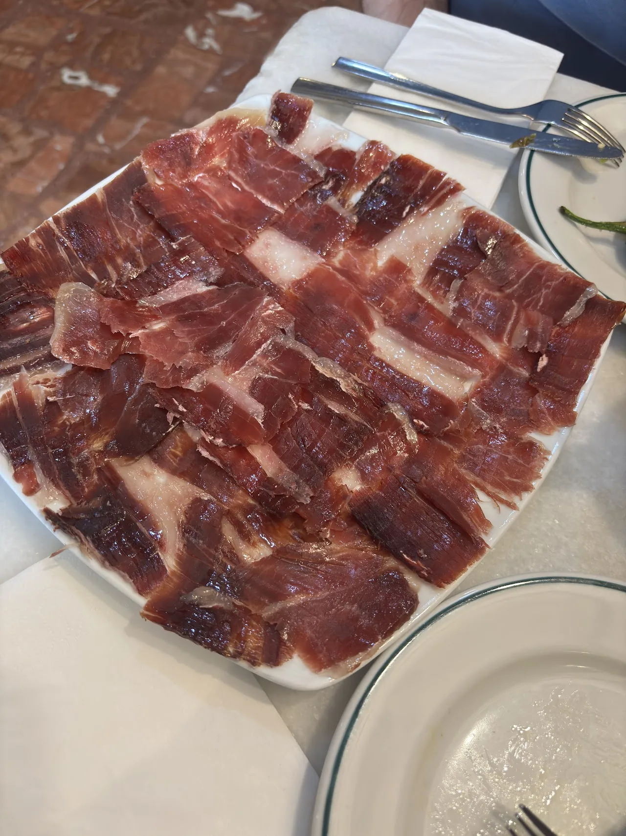 A plate piled with thin slices of jamon iberico