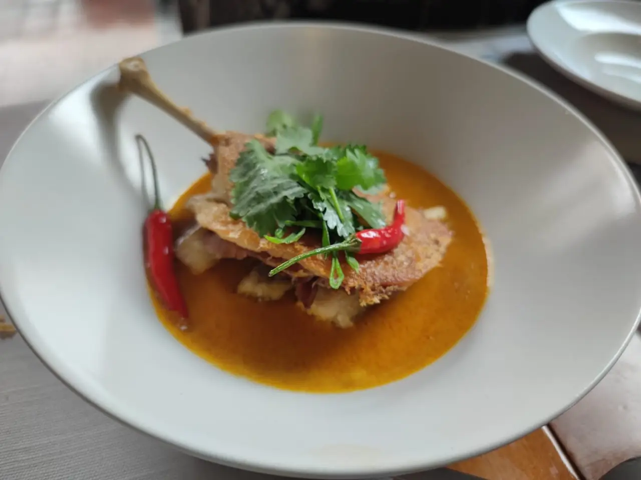 Duck leg in an orange curry sauce topped with fresh coriander and red chilli