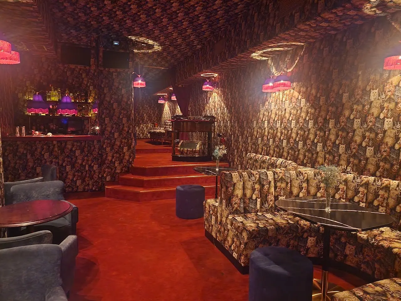 Lounge interior with patterned walls, red carpet, and low banquette seating.