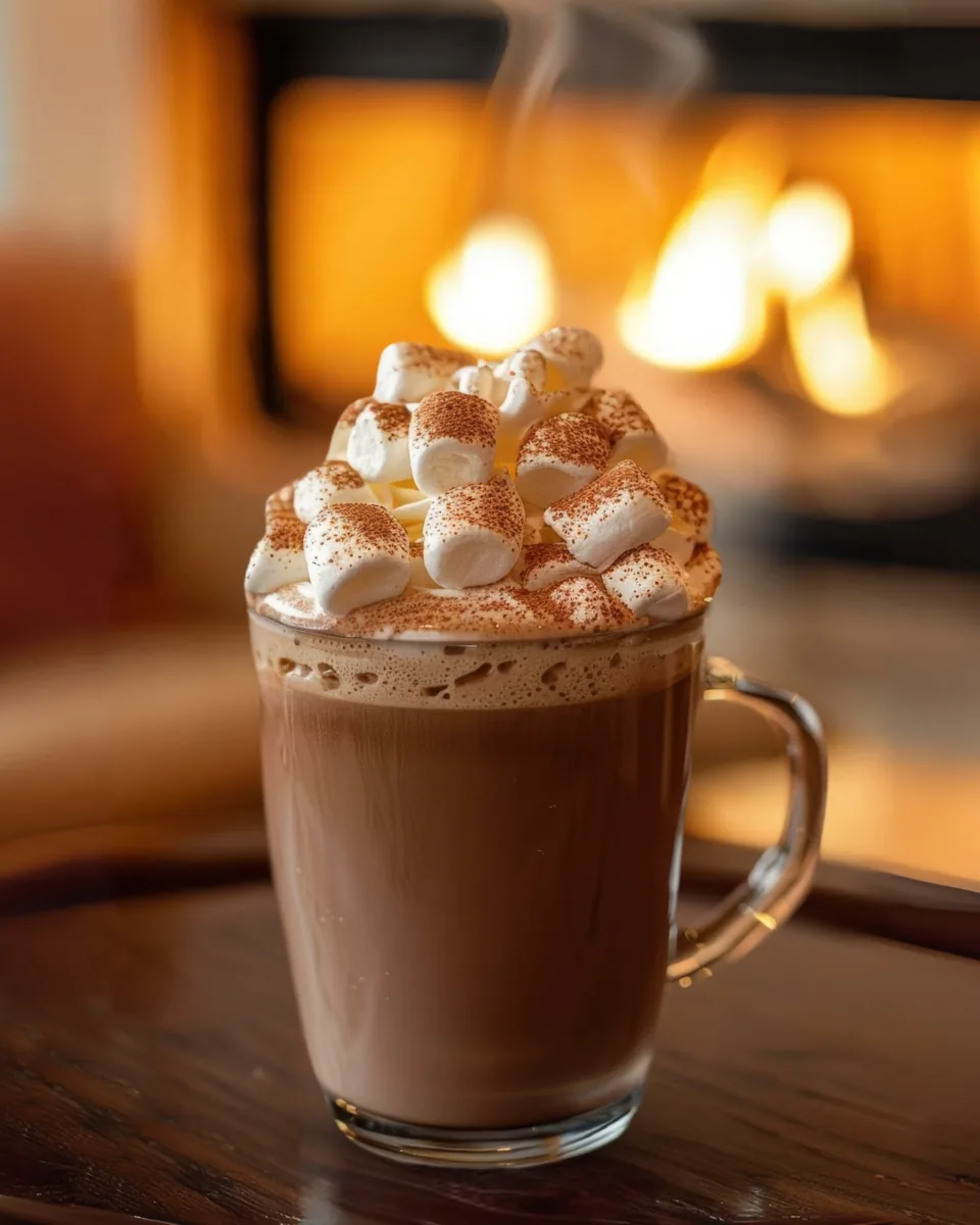 A steaming mug of hot chocolate topped with mini marshmallows