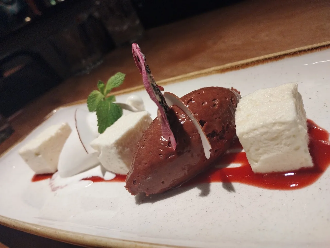 A dark chocolate dessert with white cubes and red sauce, garnished with mint