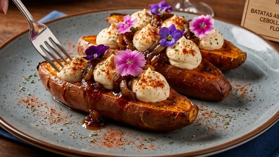 Baked sweet potato halves topped with cream and edible flowers on a blue plate with a fork