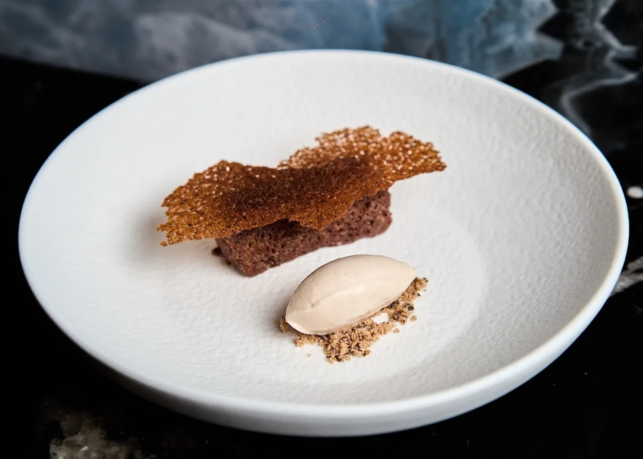 A dessert of dark chocolate and a quenelle of ice cream with a thin crisp on a white plate