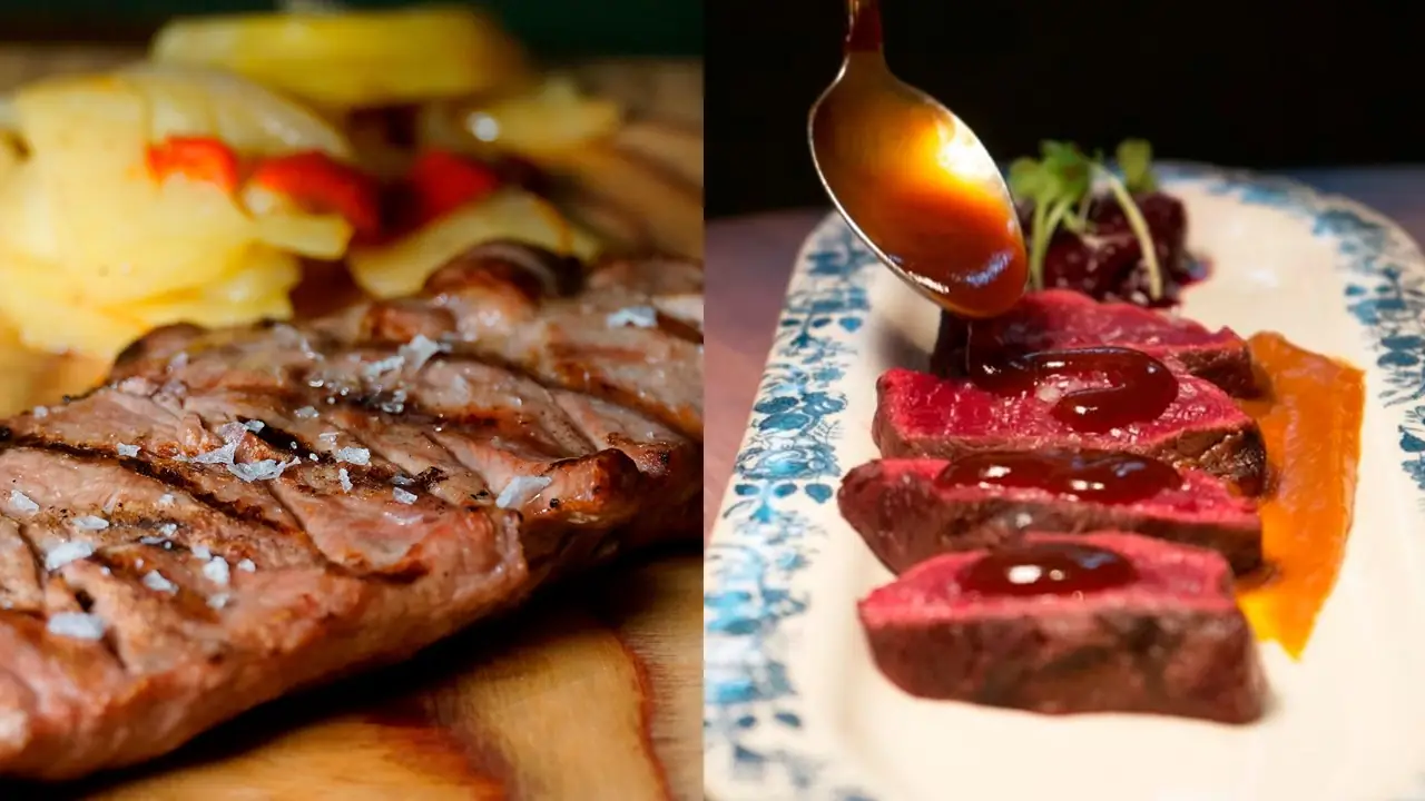 Two dishes: a grilled sliced steak with sea salt and fried potatoes on a board, and rare sliced beef being drizzled with dark sauce from a spoon on a floral-rimmed plate