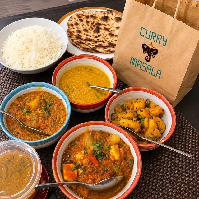 A spread of curries, rice, and naan bread from an Indian restaurant takeaway
