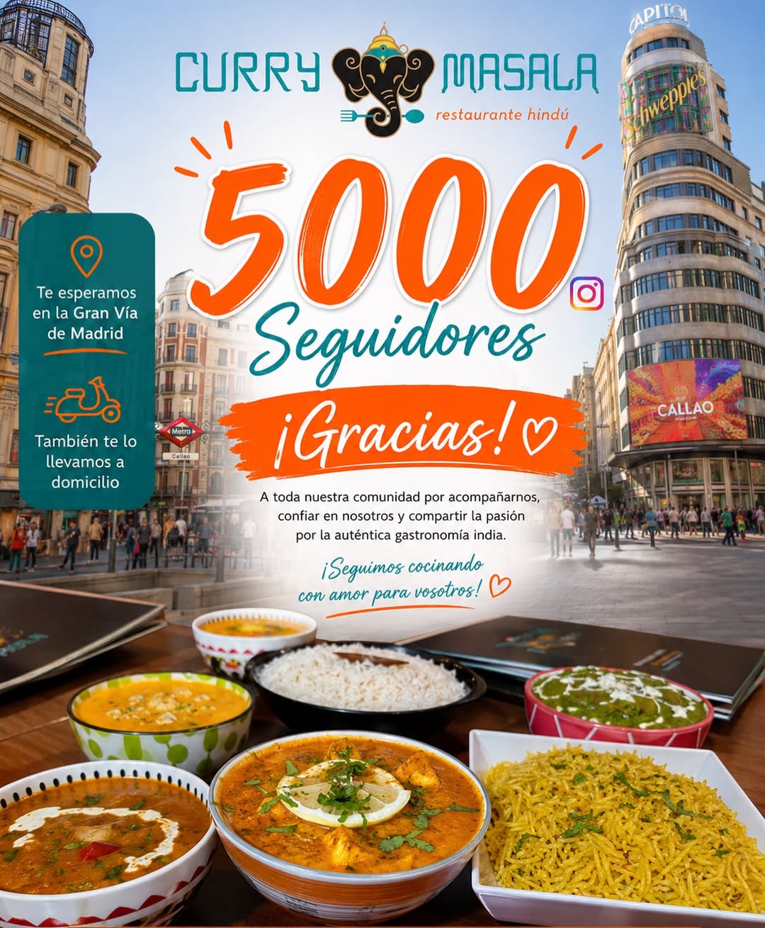 🎉🧡 ¡YA SOMOS 5.000 EN INSTAGRAM! 🧡🎉
Hoy queremos celebrar algo muy especial: ¡la familia Curry Masala ya ha alcanzado l