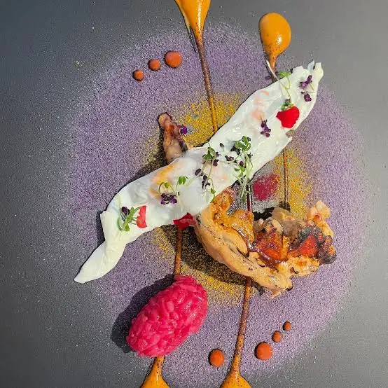 Avant-garde plated dish with wrapped garnish, pink rice, purple and orange sauce dots on dark plate