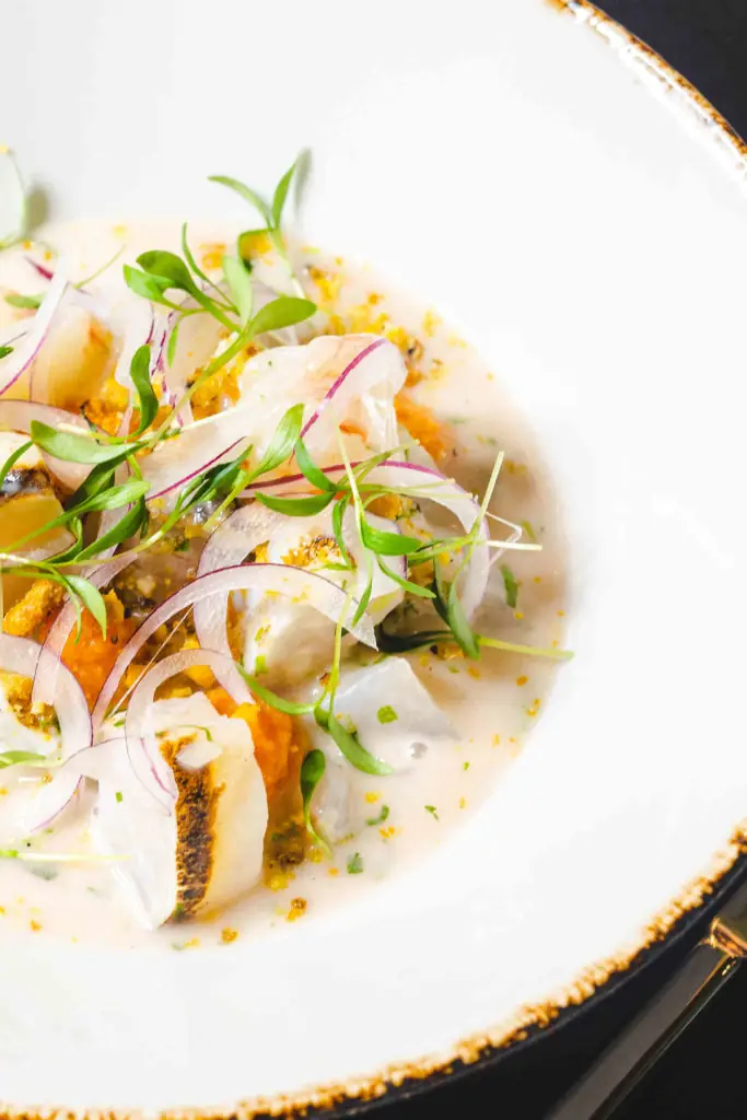 Ceviche of white fish with sliced red onion and microgreens in leche de tigre in a gold-rimmed bowl