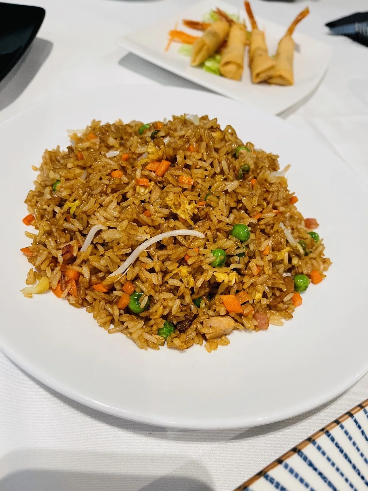 A white plate heaped with fried rice with small vegetable pieces