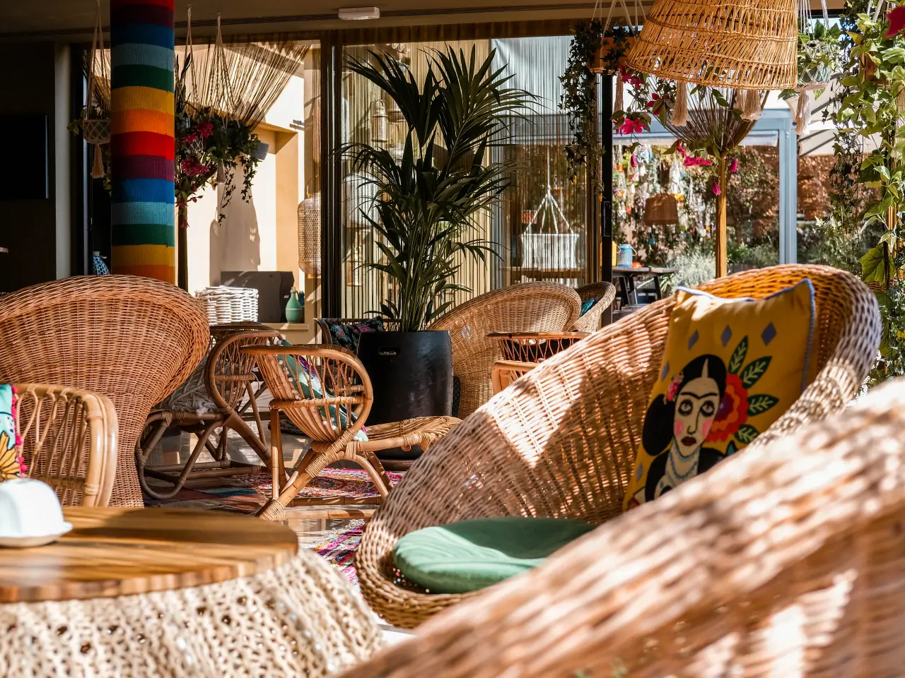 The bohemian rattan seating at the Donkey Bar