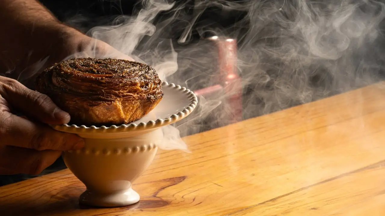 Steaming caramelized round laminated pastry on a beaded pedestal dish held over a wooden bar counter