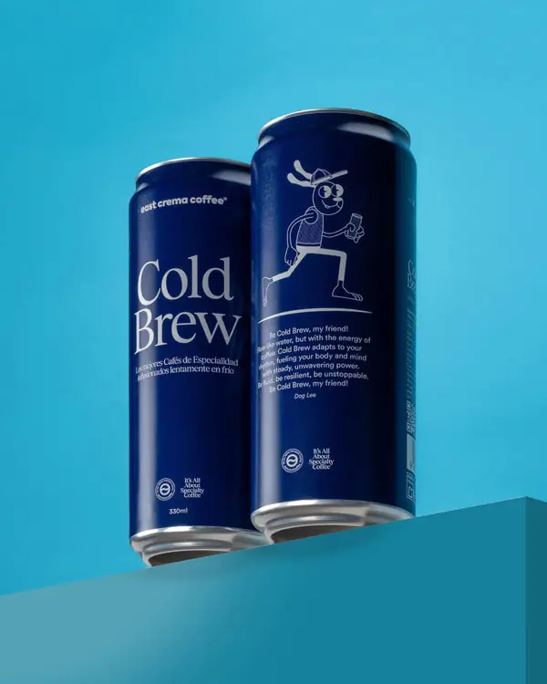 Two navy east crema coffee Cold Brew cans against a blue background