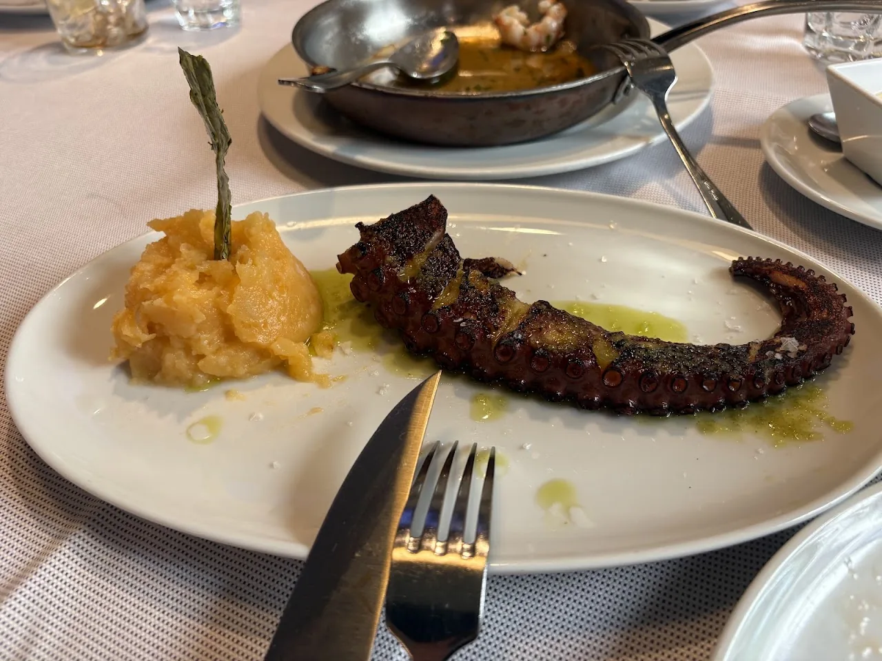 Grilled octopus with mashed potato on a plate