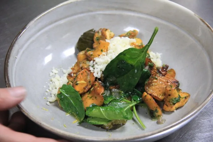 Bowl of sauteed chanterelles with spinach leaves and grated cheese, held in one hand over a steel counter.