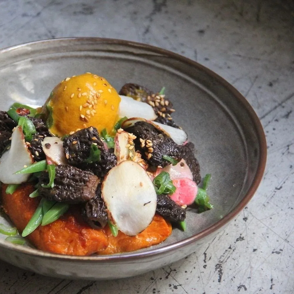 A grey bowl of mushrooms with a golden yolk, dark pieces and green shoots on an orange sauce