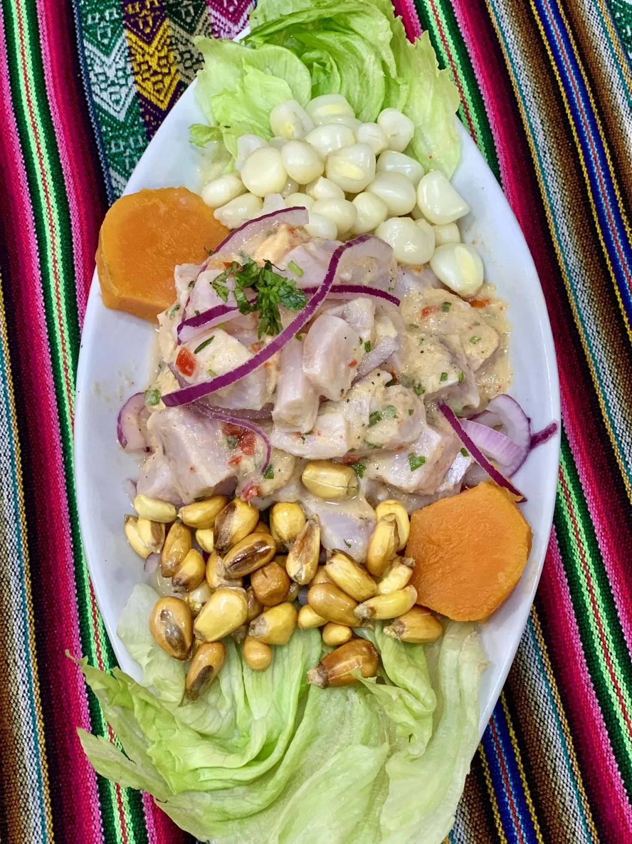 Ceviche on a plate with corn kernels and toasted corn