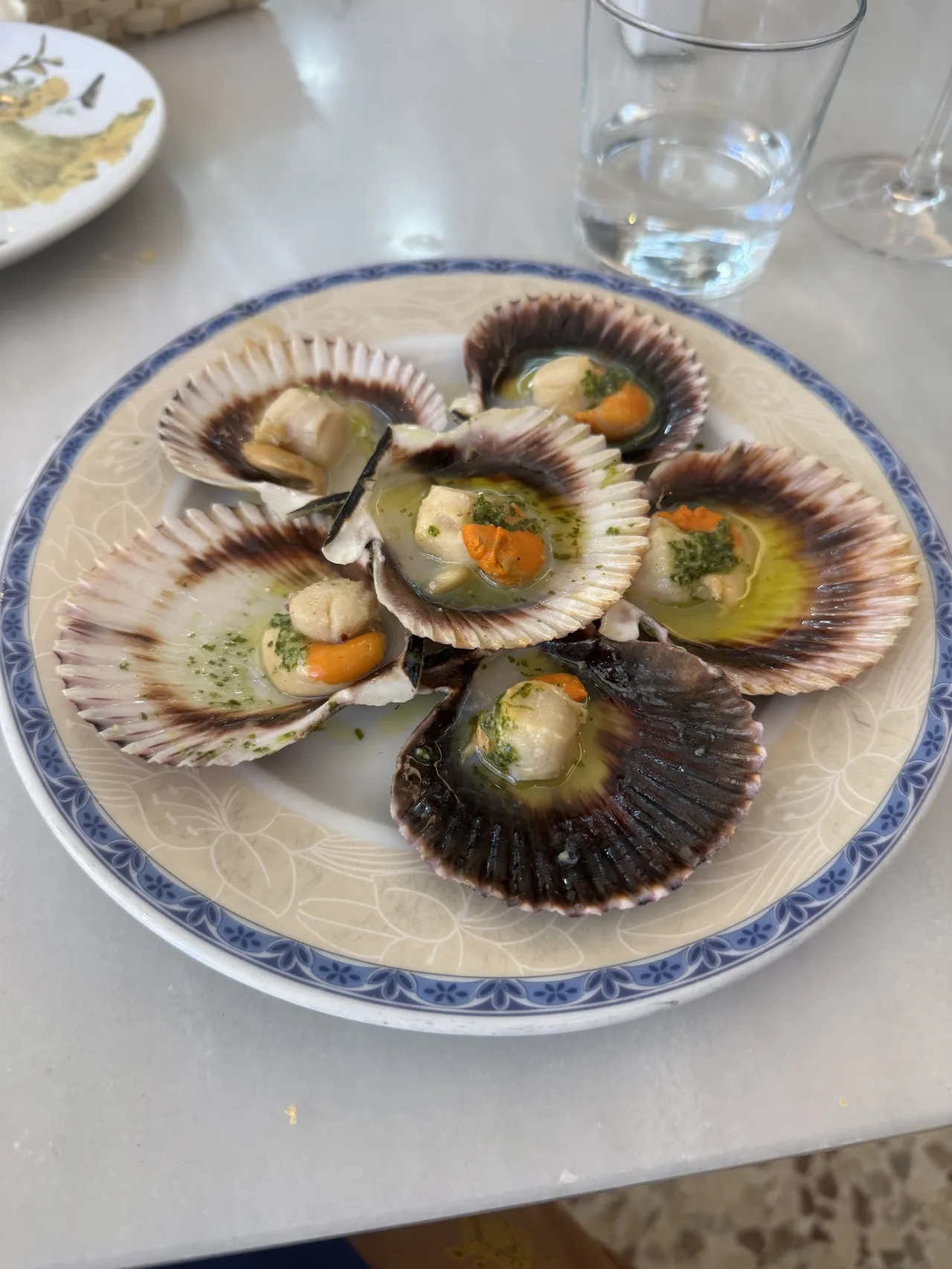 Scallops in their shells with herb topping on a blue-rimmed plate
