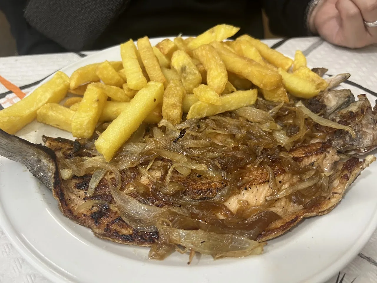 A grilled cut of meat with fried potatoes on a plate