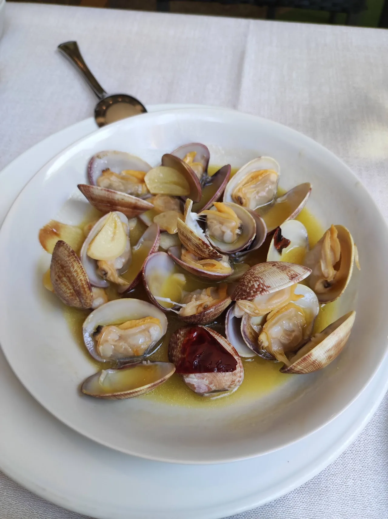 A bowl of clams in garlic and olive oil sauce
