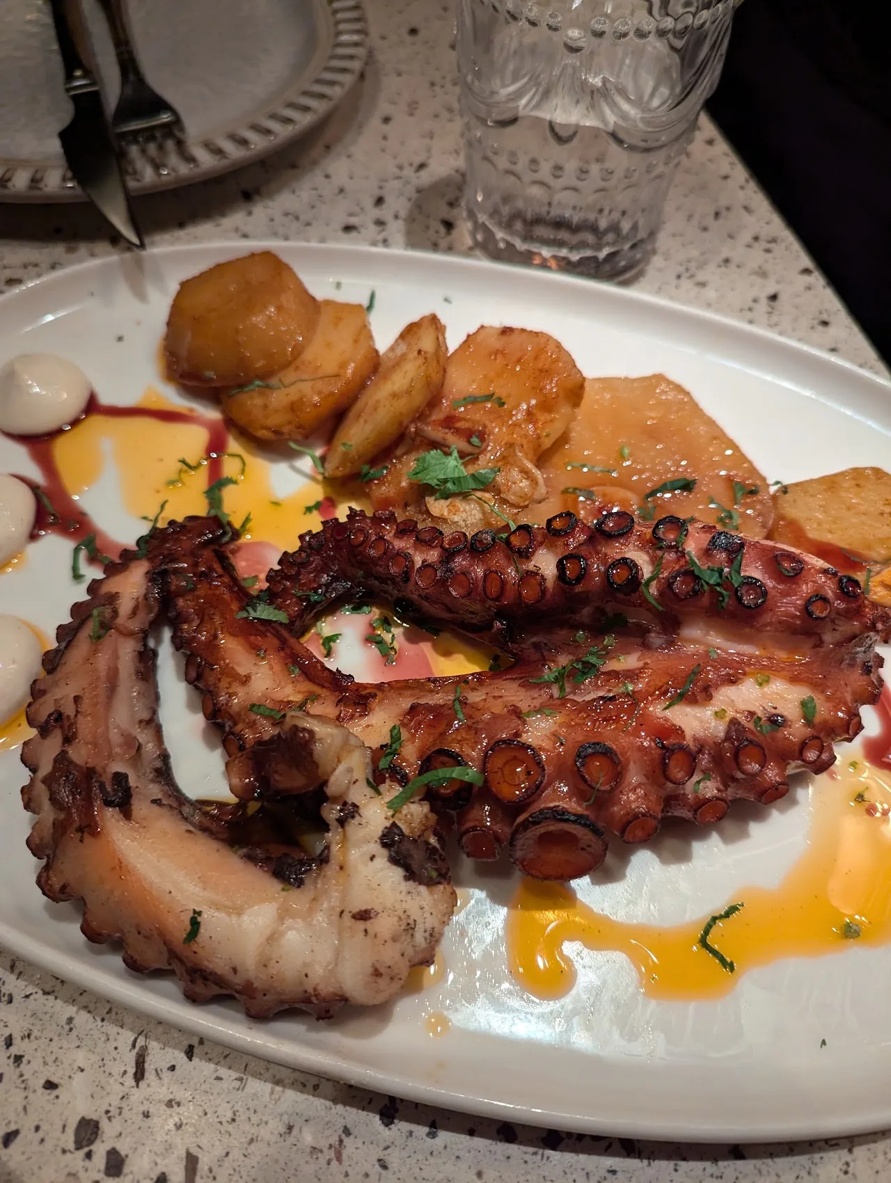 Grilled octopus tentacles served with potatoes and sauce
