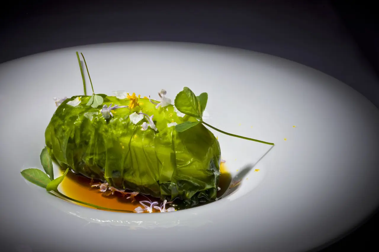 Green leaf-wrapped roulade with edible flowers on a plate with dark sauce pooled beneath