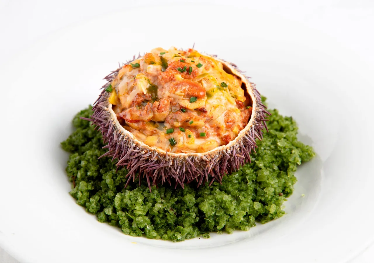 A baked golden filling served in a spiny shell on a bed of green purée on a white plate