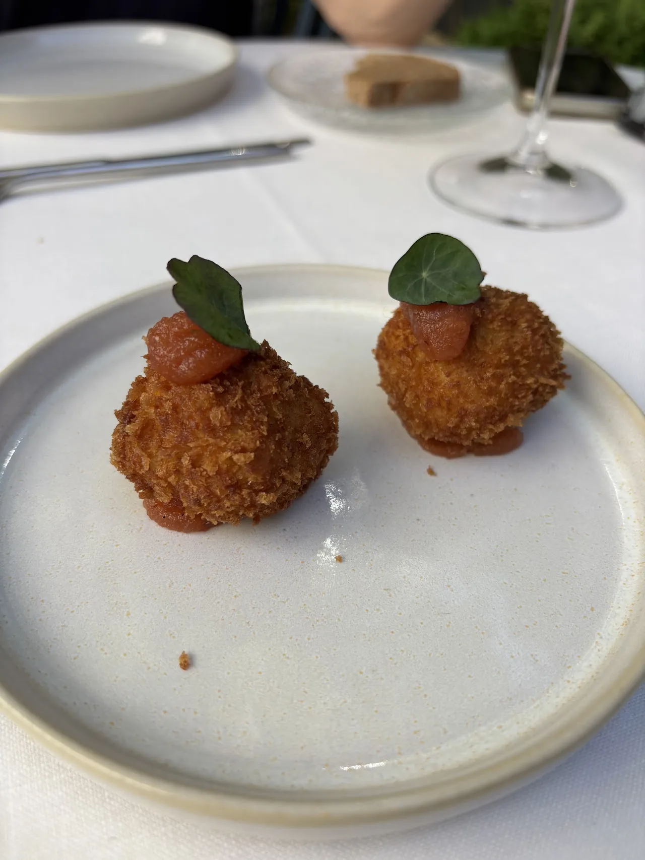 Two fried croquettes on a white plate with a basil leaf garnish