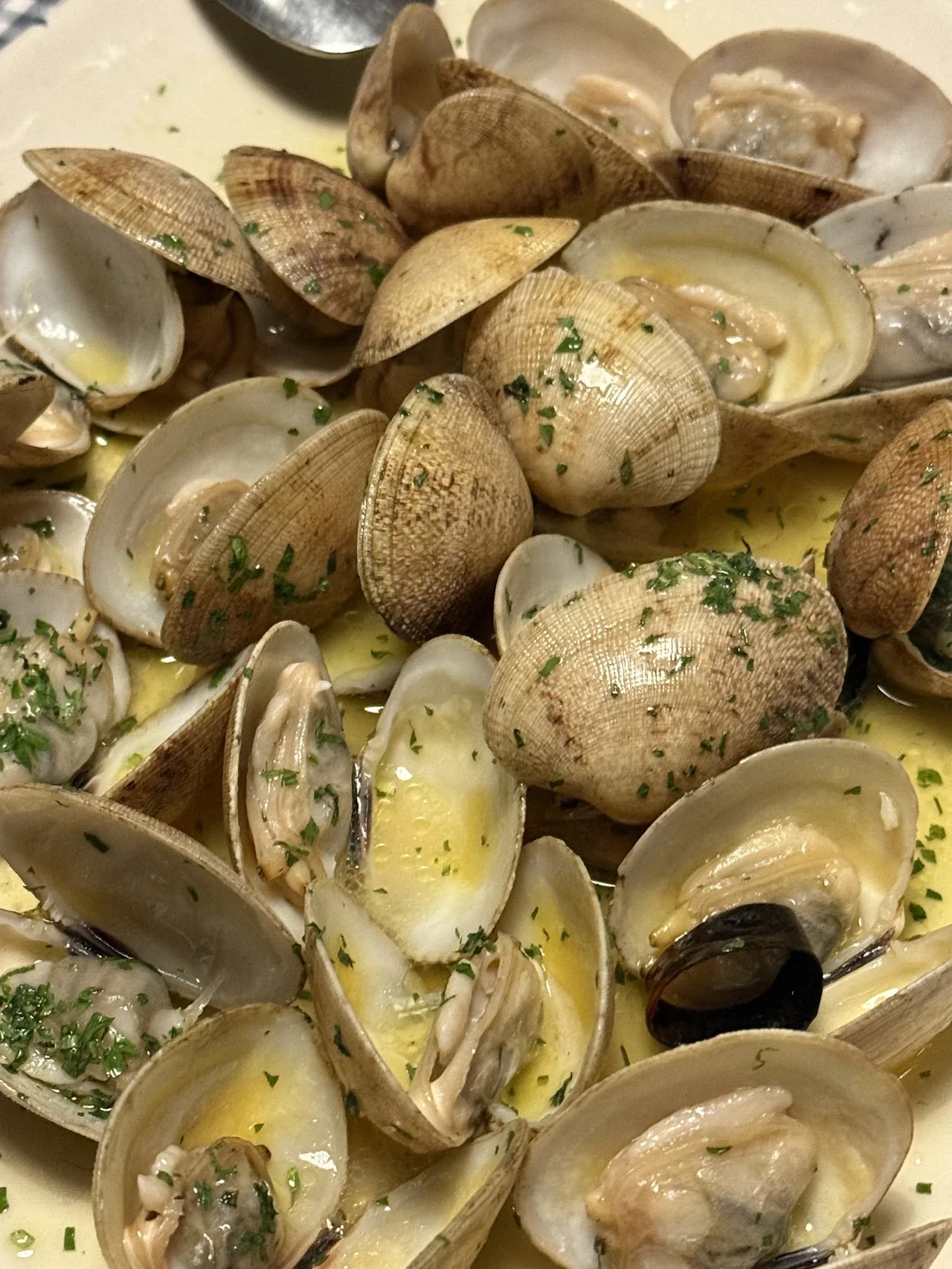 A plate of clams in garlic butter sauce