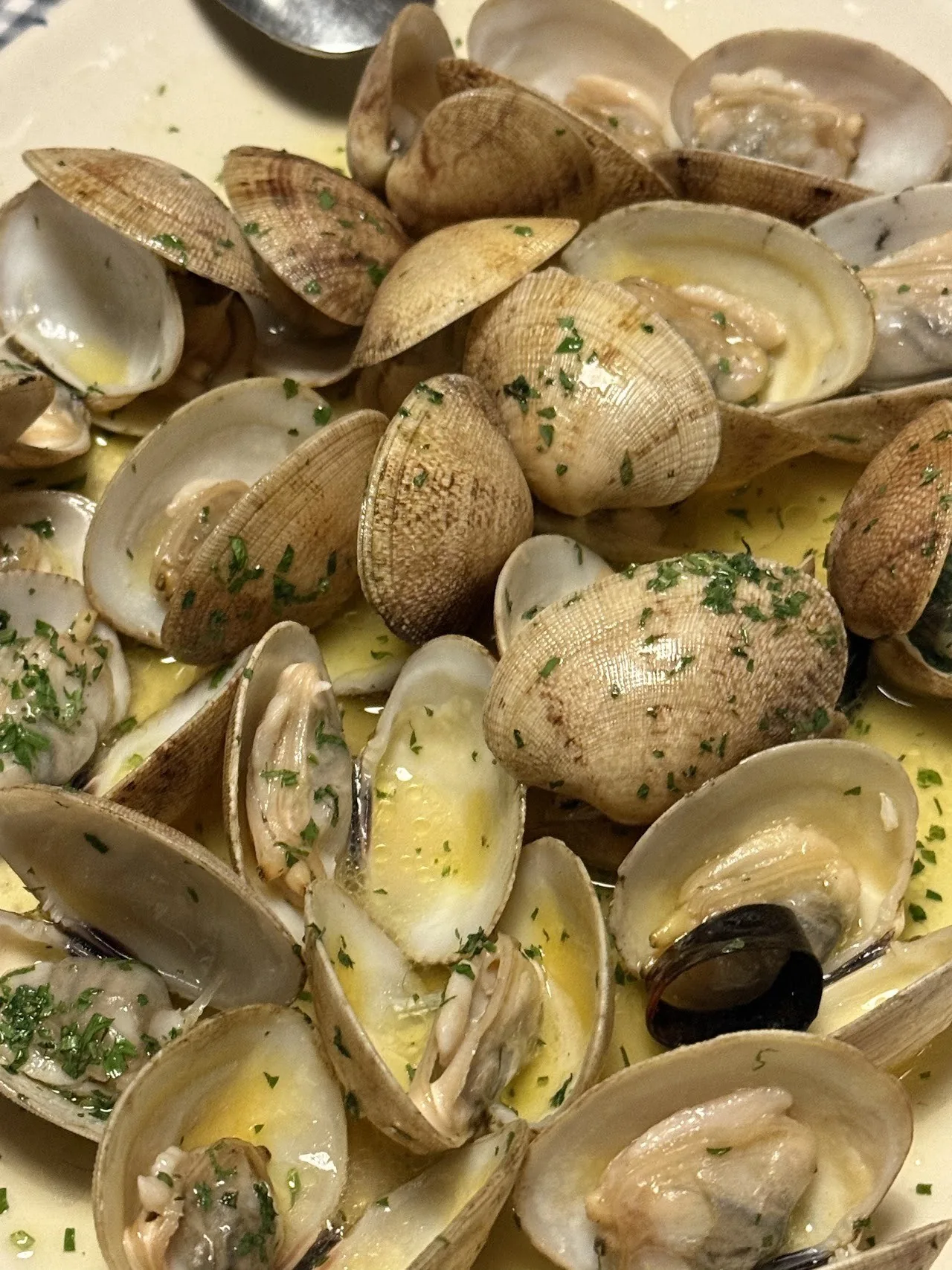 A dish of clams in a light green broth