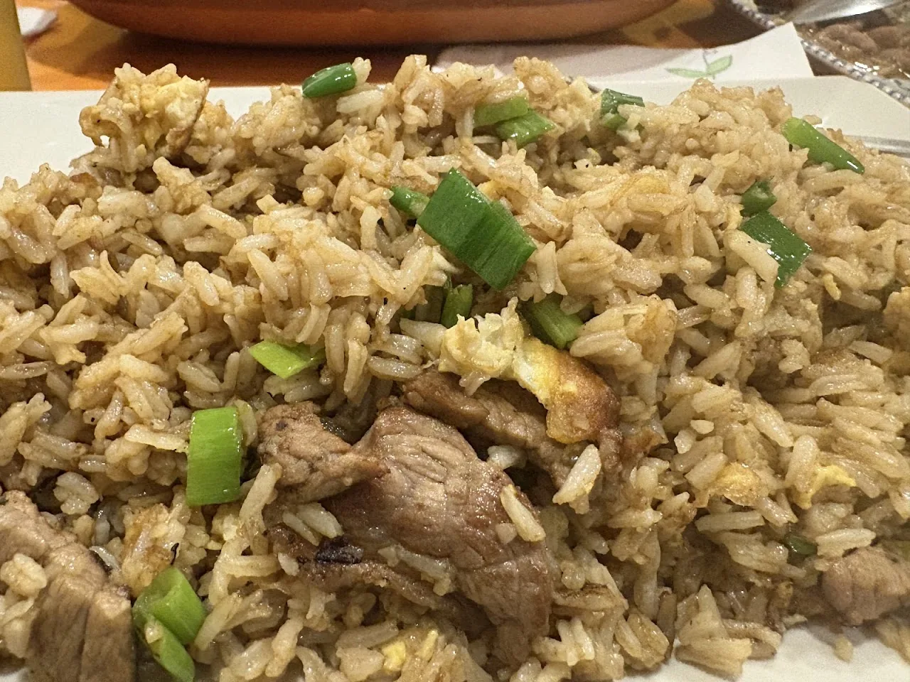 A plate of fried rice with meat and scallions