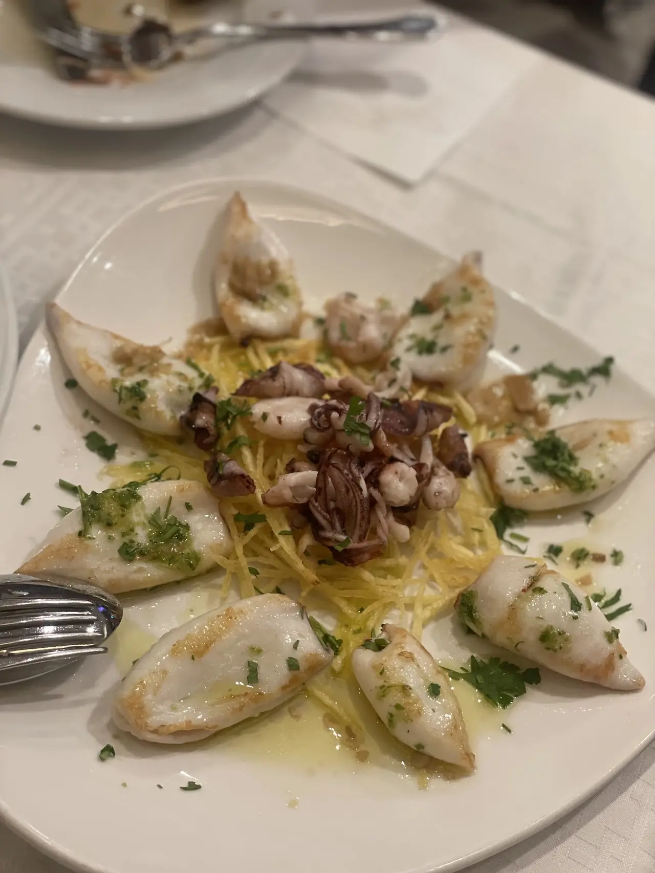Grilled squid petals arranged around a mound of tentacles on a bed of shredded fried potato