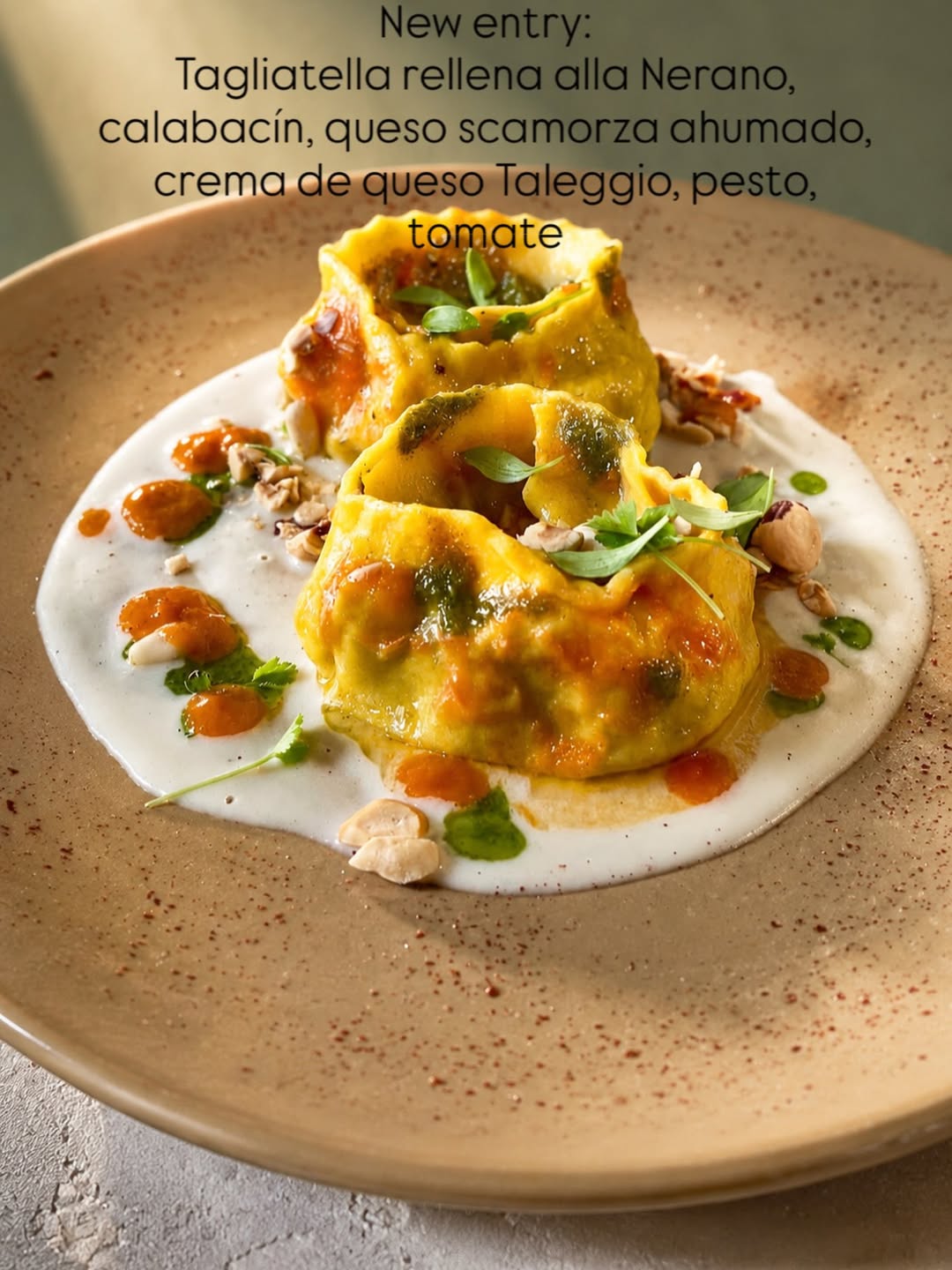Nerano stuffed tagliatella, zucchini, smoked scamorza cheese, pesto, taleggio cheese sauce, tomato.  #soller #sóller #po