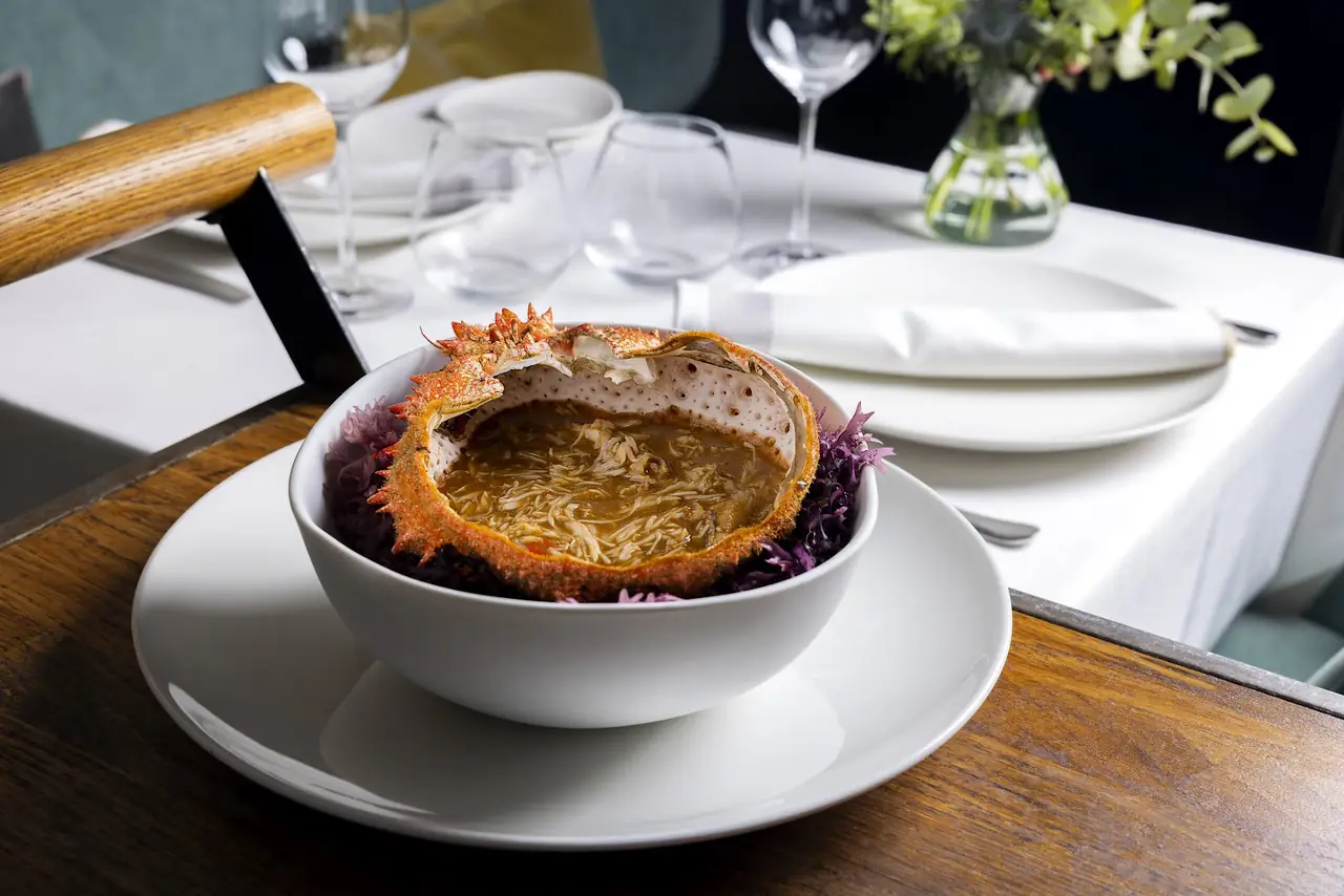 Spider crab shell filled with meat and broth, served in a bowl over purple cabbage