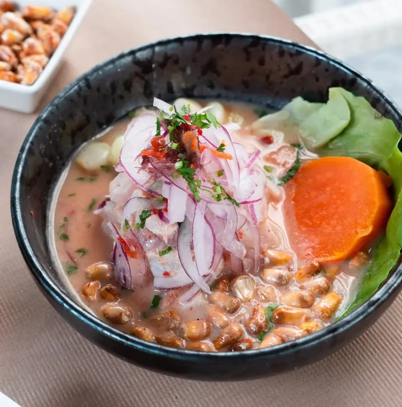 Peruvian ceviche with red onion, corn kernels, sweet potato, and lettuce in a dark bowl, El Señorío de Perú