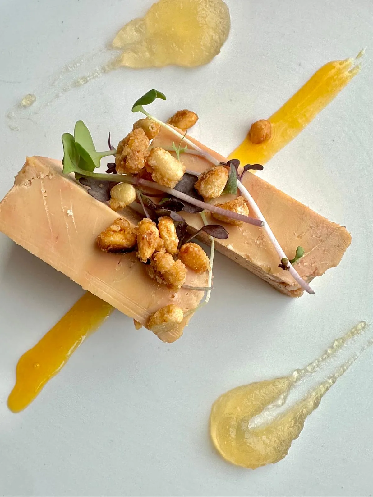A slice of foie gras with toasted nuts and fruit purée