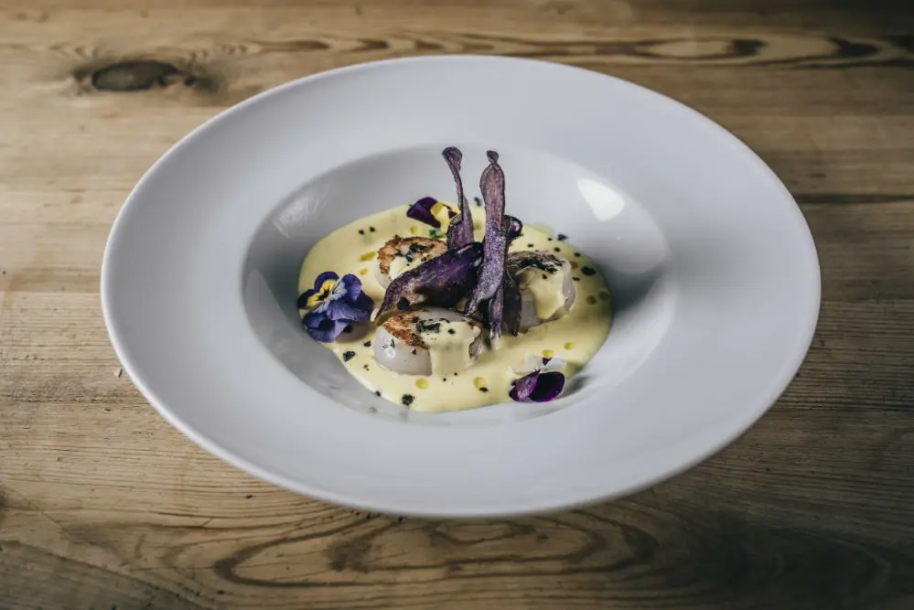 Seared scallops on a saffron-yellow sauce with purple crisps and edible flowers on a white plate, En Ville BCN