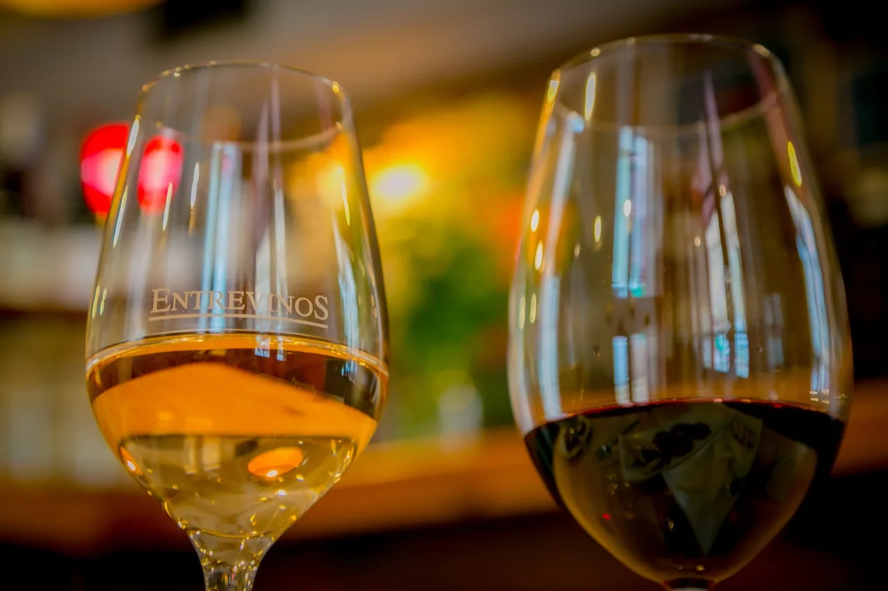 Two glasses of white and red wine in warm light