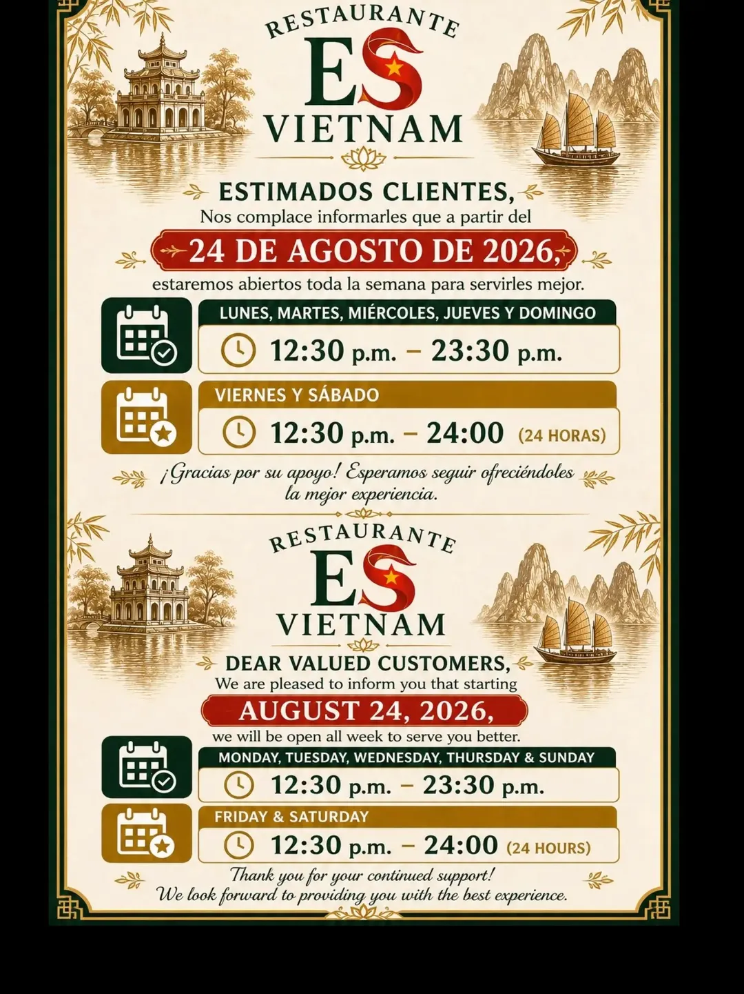 ¡Buenas noticias! 🇻🇳
A partir del 24 de agosto, ES Vietnam tendrá COCINA NON-STOP los 7 días de la semana. 🍜🥢
¡Más tiemp