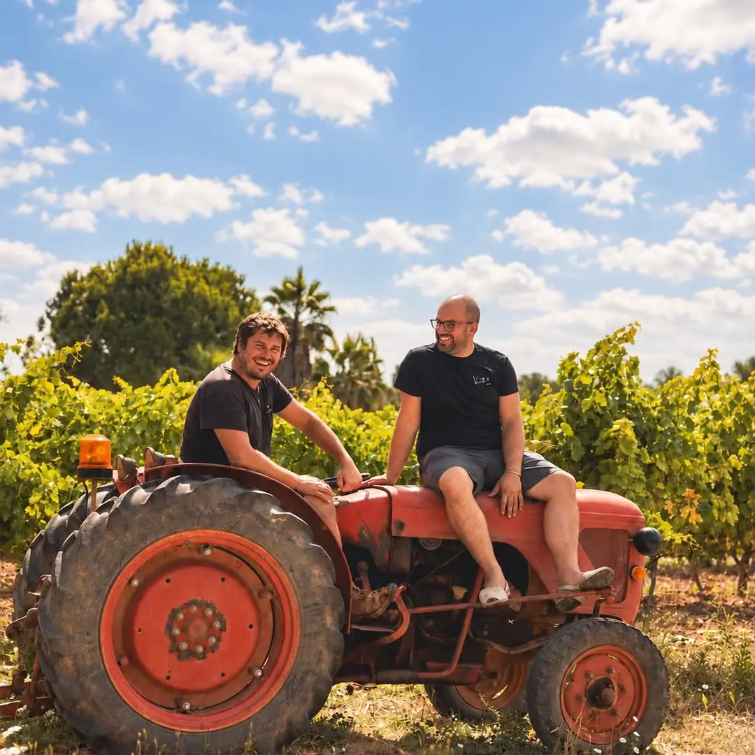 Two men on a red tractor in the 7103 Petit Celler vineyard
