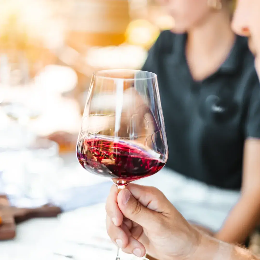 A glass of Oliver Moragues red wine