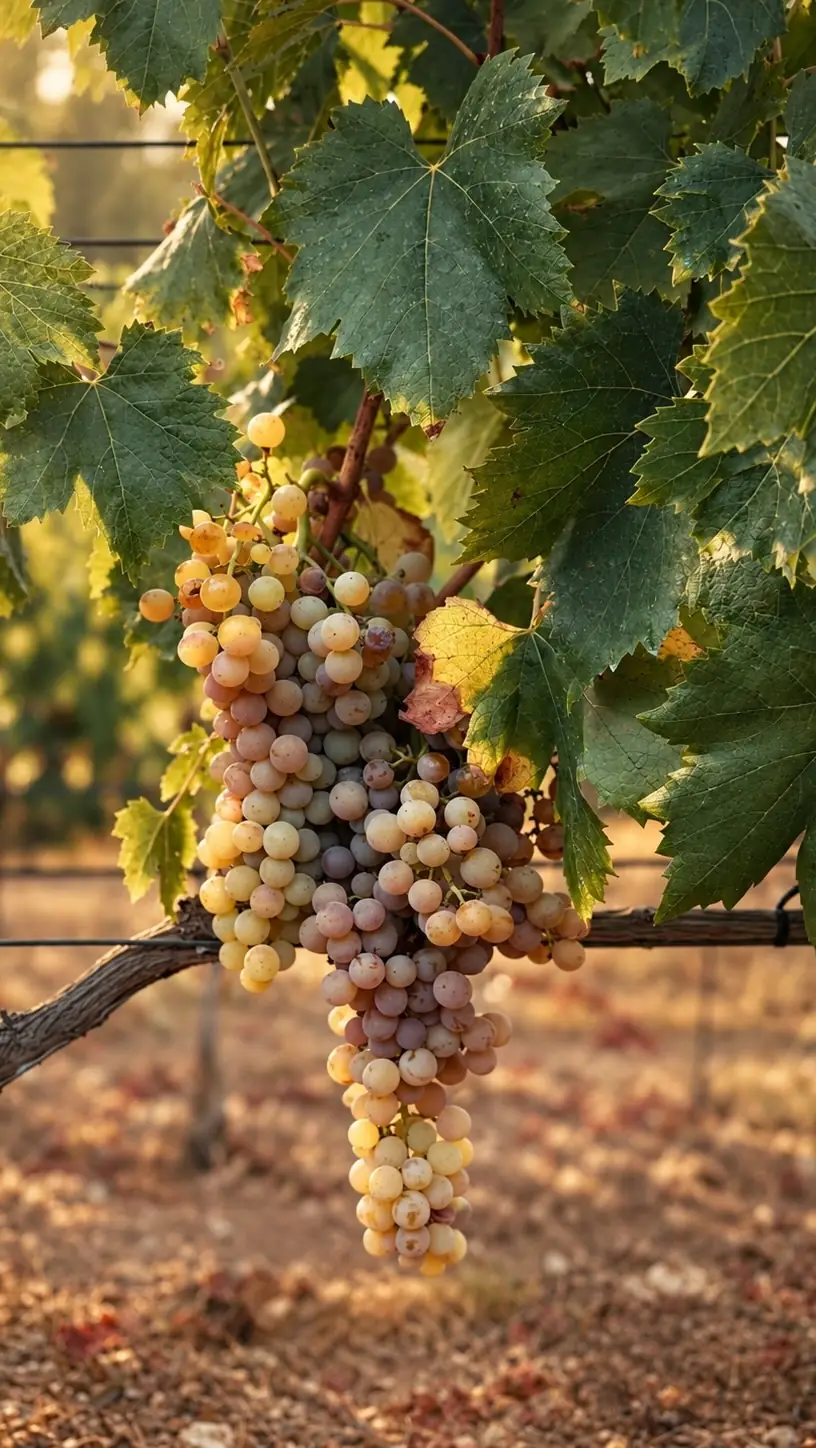A bunch of white grapes on the vine at Son Juliana
