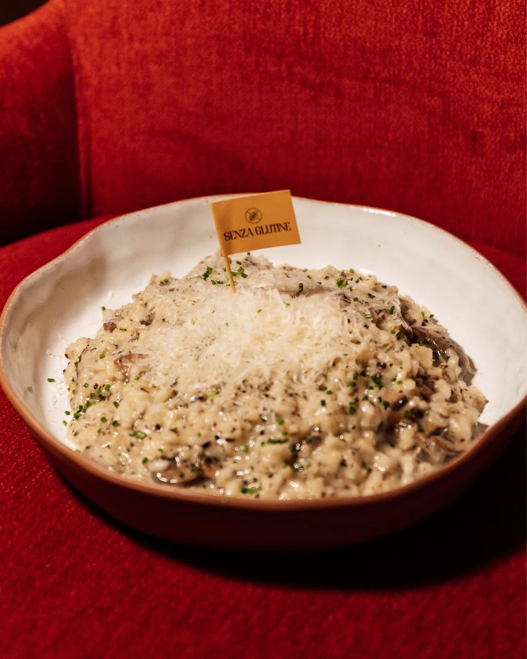 A white bowl of creamy risotto topped with grated cheese on a red tablecloth