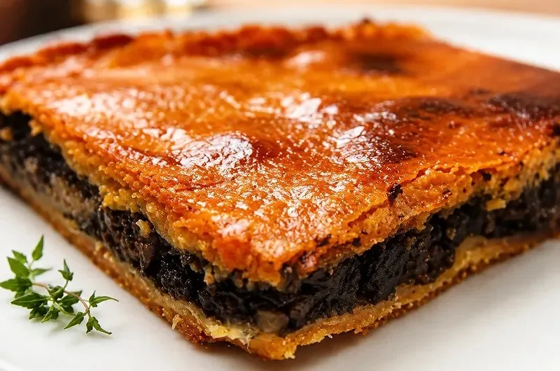 A slice of baked pie with a dark filling and golden pastry, with a sprig of herb